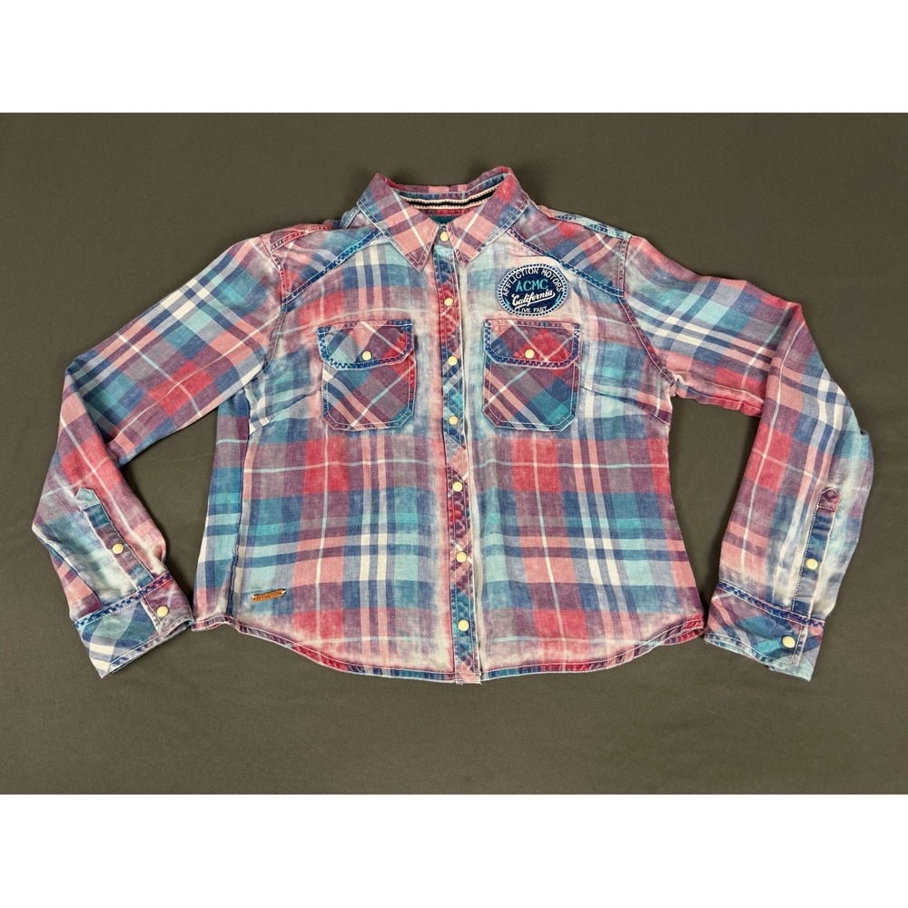 Affliction Plaid Button Down Shirt Womens Medium Pink Blue Acid Wash Split Back